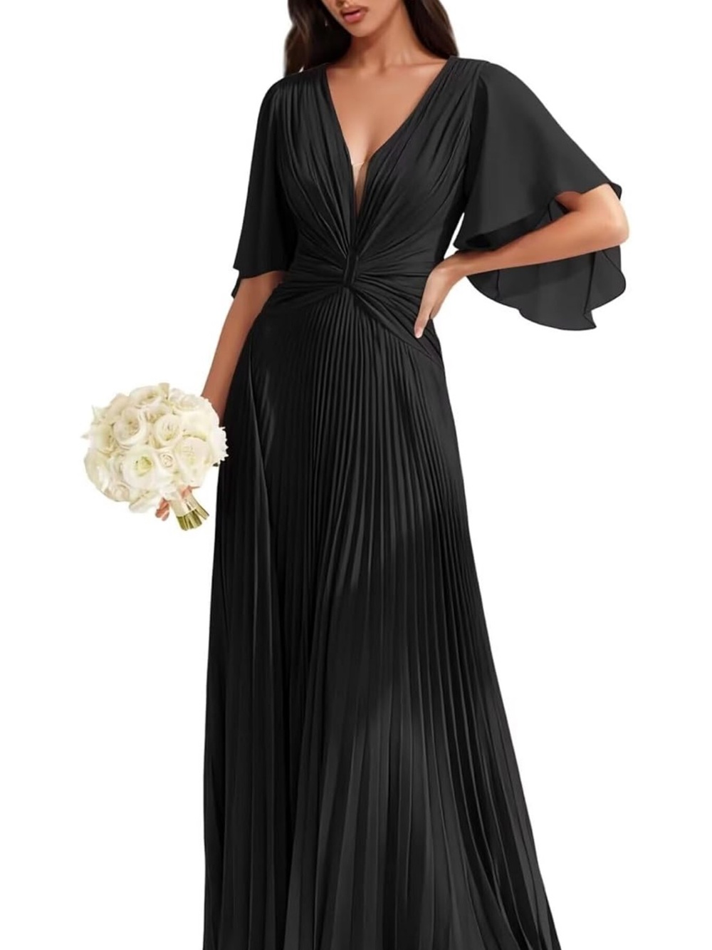 Elegant Black Pleated V-Neck Maxi Dress formal or black tie